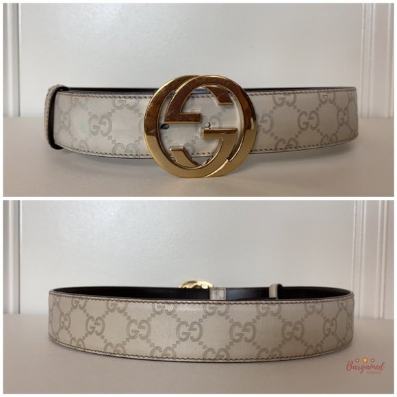 Authentic Gucci Cream Guccissima Leather Gold Interlocking G Buckle Belt 85/34 - Picture 6 of 13